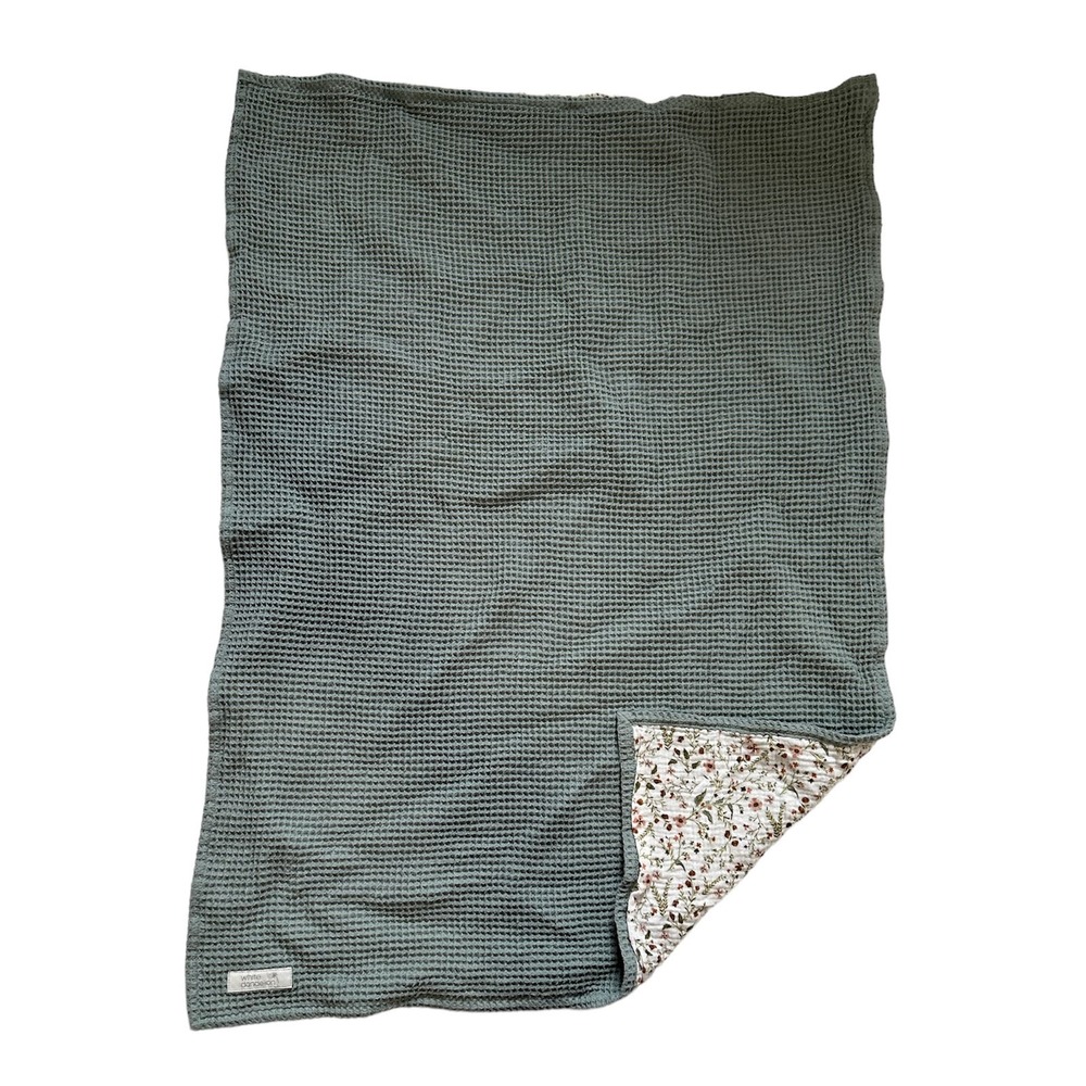 White Dandelion Green Floral Waffle Weave Blanket Baby Lovey Reversible Muslin